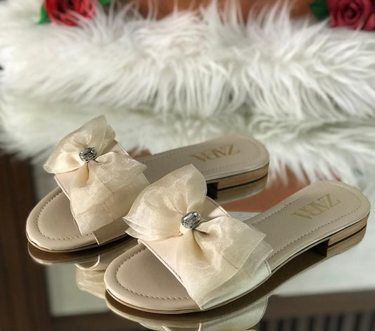 Women’s Elegant Bow Slide Sandals – Crystal Embellished Comfort Flats