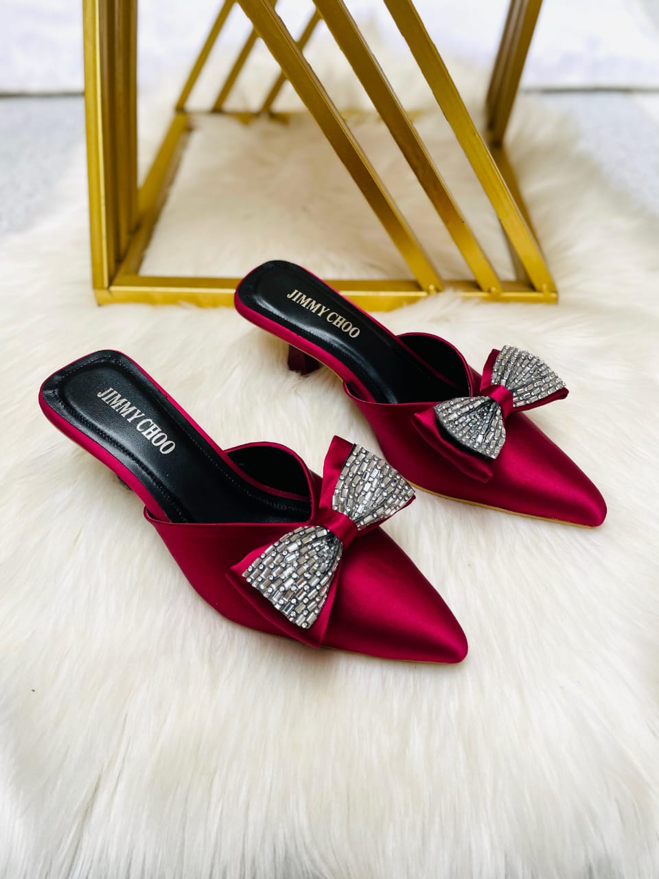 Satin Slip-On Heels with Crystal Bow