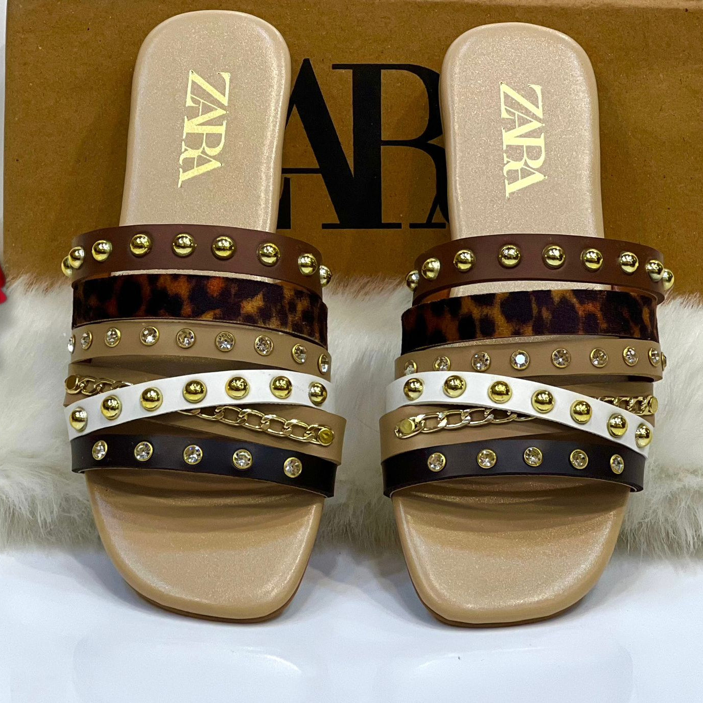 Women’s Multi-Strap Studded Slide Sandals with Stones