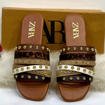 Women’s Multi-Strap Studded Slide Sandals with Stones