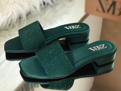 Women’s Crystal Stone Block-Heel Sliders