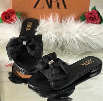 Women’s Elegant Bow Slide Sandals – Crystal Embellished Comfort Flats