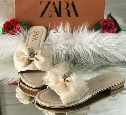 Women’s Elegant Bow Slide Sandals – Crystal Embellished Comfort Flats