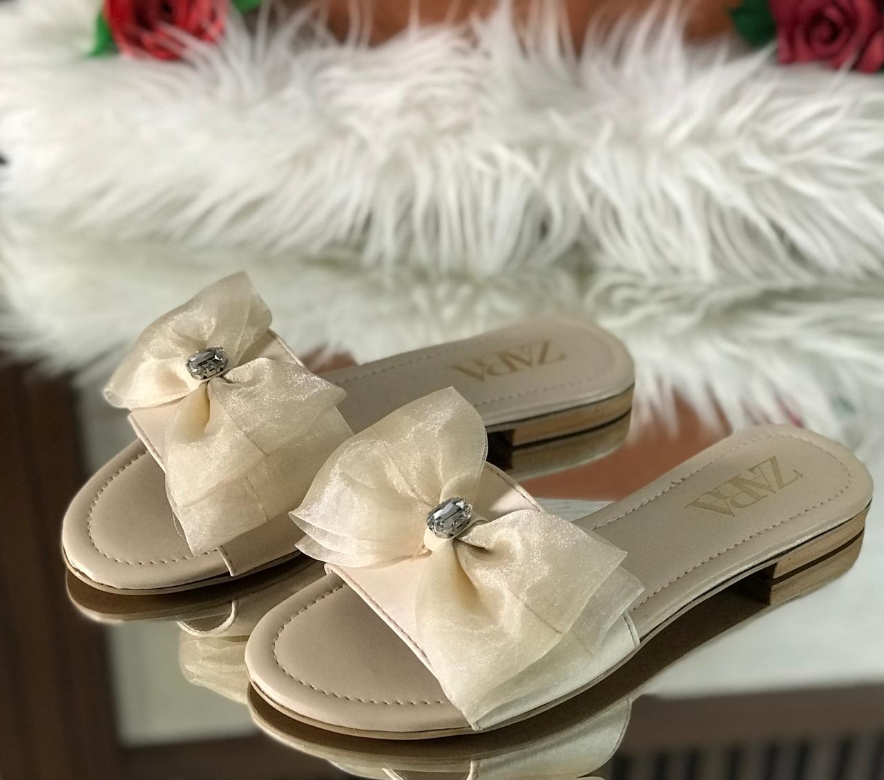 Women’s Elegant Bow Slide Sandals – Crystal Embellished Comfort Flats