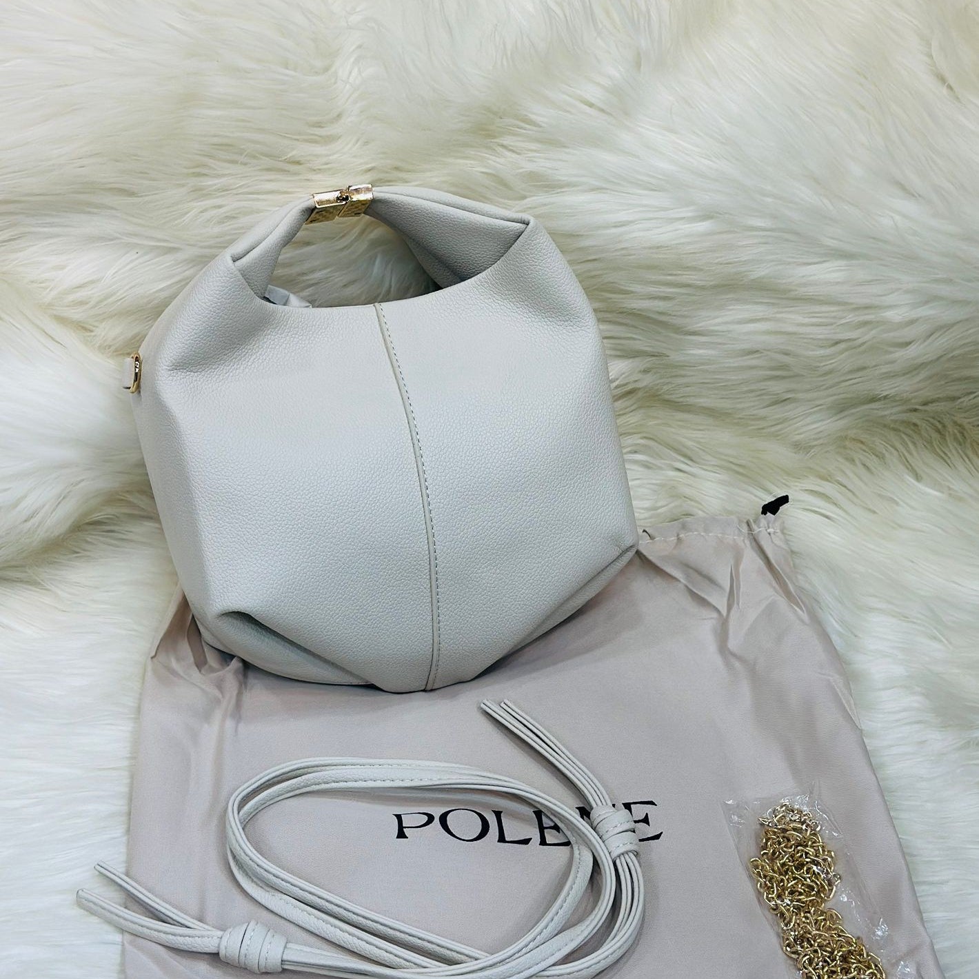 Soft Leather Knot-Top Shoulder Bag with Chain & Adjustable Strap