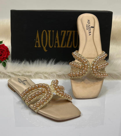 Pearl Bow Flat Slides for Women | Elegant Beaded Slip-On Sandals