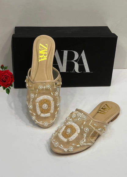 Embellished Mesh Pearl Slip-On Flats