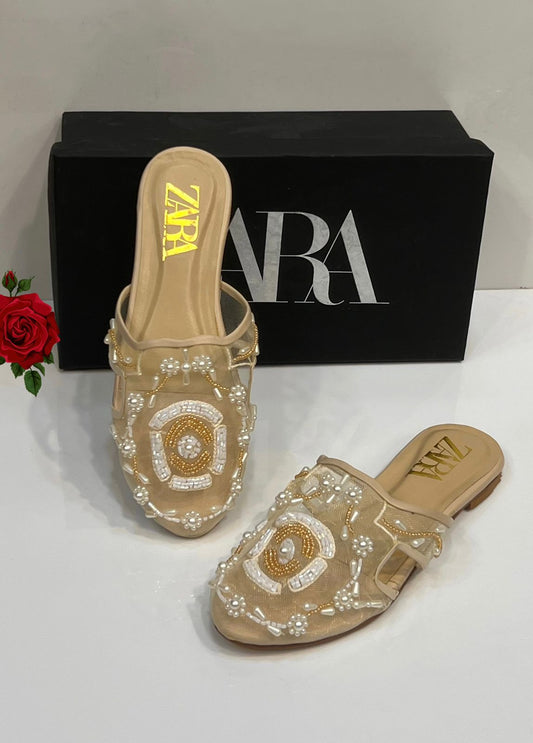 Embellished Mesh Pearl Slip-On Flats