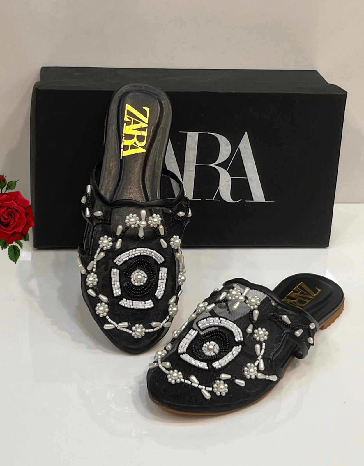 Embellished Mesh Pearl Slip-On Flats