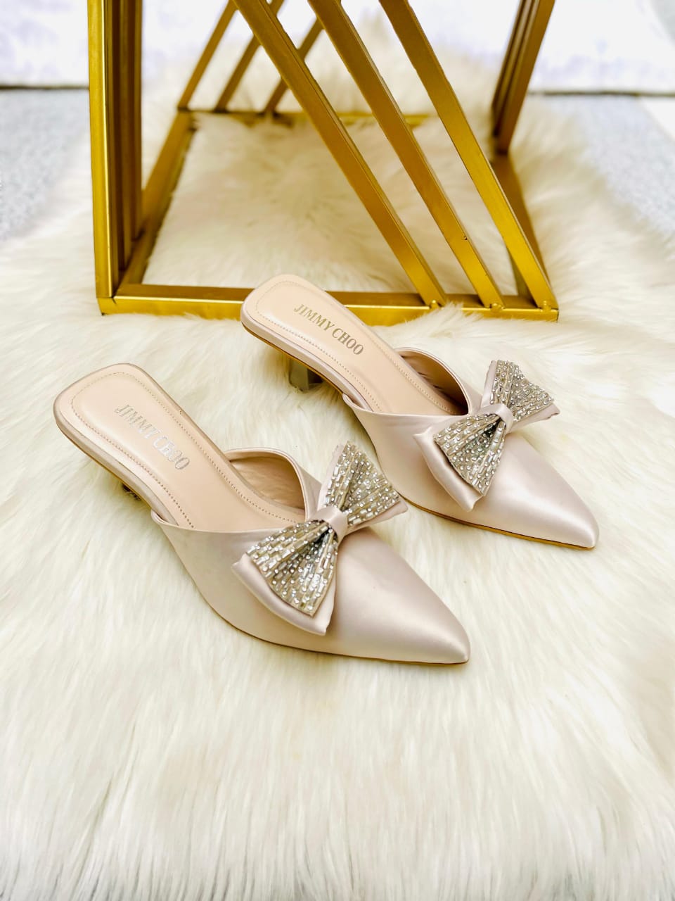 Satin Slip-On Heels with Crystal Bow