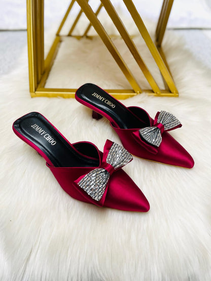 Satin Slip-On Heels with Crystal Bow