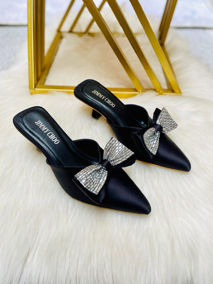 Satin Slip-On Heels with Crystal Bow