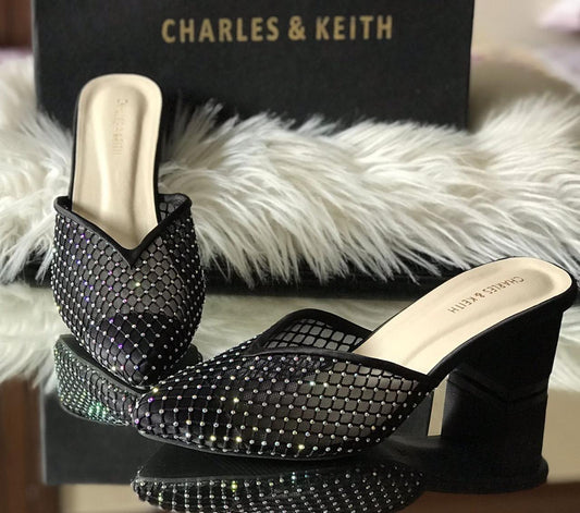 Crystal-Embellished Mesh Block Heel Mules