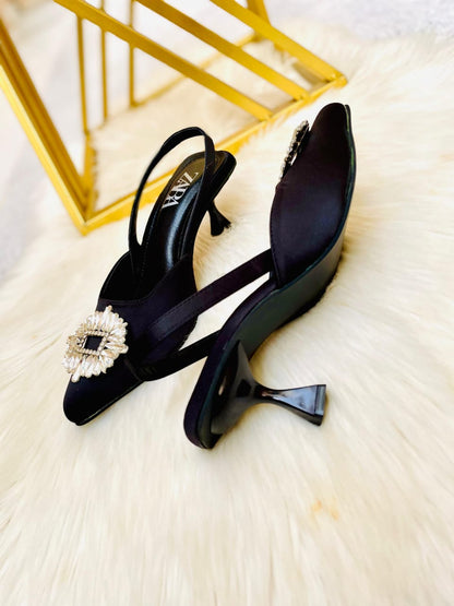Premium Crystal Buckle Slingback Heels