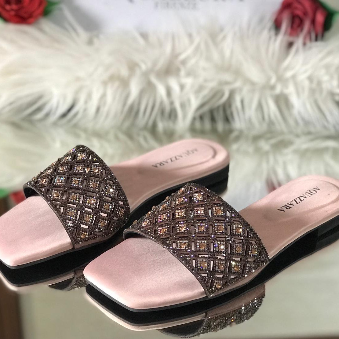 Women’s Luxury Stone-Studded Slide Sandals | Sparkly Crystal Slip-On Flats